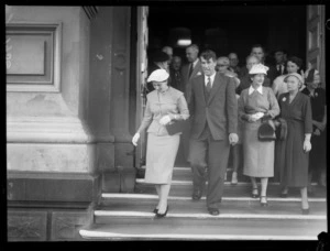 Sir Edmund and Lady Hillary leaving the Wellington Town Hall