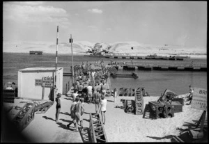 NZ engineers rebuilding pontoon bridge across Suez Canal, World War II - Photograph taken by G Kaye