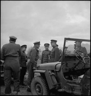 Major General Freyberg talking to Russian Major General Vasiliev during a visit by Russian military observers, Italy - Photograph taken by G Kaye