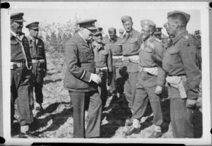 Winston Churchill meets officers of 6 NZ Infantry Brigade in Tripoli, World War II - Photograph taken by Captain G V Turnbull