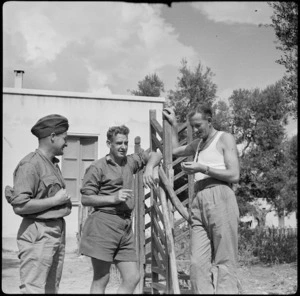 Three NZ POWs at the British Transit Camp in southern Italy, World War II - Photograph taken by W A Brodie