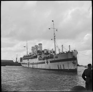 Hospital ship Tairea bearing repatriated POWs from Germany coming alongside at Alexandria - Photograph taken by George Robert Bull