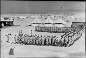 Brigadier H S Kenrick addresses parade of repatriated POWs at 23 NZ Field Ambulance, Maadi, Egypt - Photograph taken by George Robert Bull
