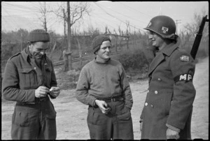American on point duty with two Kiwis on 5th Army Front, Italy, World War II - Photograph taken by G Kaye