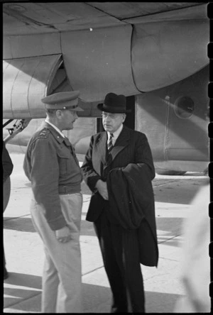 Peter Fraser talking to General Bernard Freyberg after the Prime Minister's arrival in Italy - Photograph taken by George Robert Bull