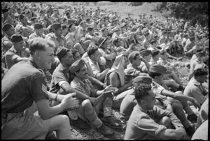 NZ troops watching first appearance in Italy of the Kiwi Concert Party, Volturno Valley - Photograph taken by George Kaye