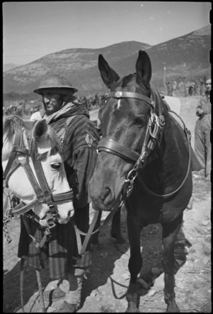 French Moroccan trooper and his horse near the NZ sector of the Cassino front in Italy, World War II - Photograph taken by George Kaye