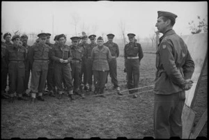 General Mark Clark addressing senior NZ officers during his visit to NZ Division, Italy, World War II - Photograph taken by J Short