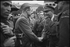Lieutenant General Sir Bernard Freyberg meeting officers of the 9th Yugoslav Corps, Italy - Photograph taken by George Kaye