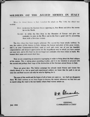 Message to Soldiers of the Allied Armies in Italy from General Harold Alexander, Commander in Chief