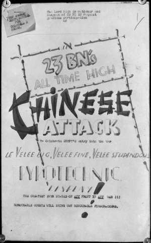 Cover sheet to the fire programme for the 'Chinese Attack' by 23 NZ Battalion on the Faenza Sector, Italy