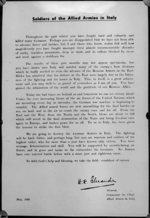Message to Soldiers of the Allied Armies in Italy from General Harold Alexander, Commander in Chief