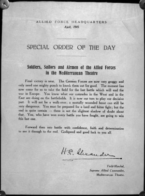 Special order of the day from Field Marshal Harold Alexander to soldiers, sailors and airmen of the Allied Forces in the Mediterranean Theatre, World War II