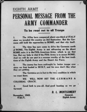 Personal message from General Montgomery on the occasion of the advance on Rome, World War II