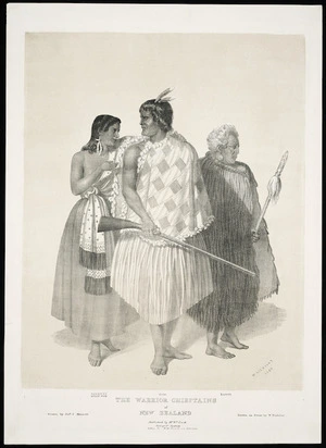 [Merrett, Joseph Jenner] 1815-1854 :The warrior chieftains of New Zealand. Harriett, Heki's wife - Heki - Kawiti. Drawn by Jos.h J. Merrett. Drawn on stone by W. Nicholas. Sydney, W[illia]m Ford [1846]