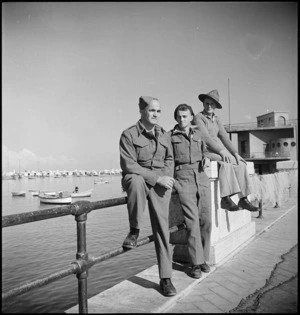 E E Clenick, J A Porthouse and F A Berkahn on the Bari waterfront, Italy, World War II - Photograph taken by George Kaye