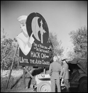Allied signpost on the road near Foggia, Italy, World War II - Photograph taken by George Kaye