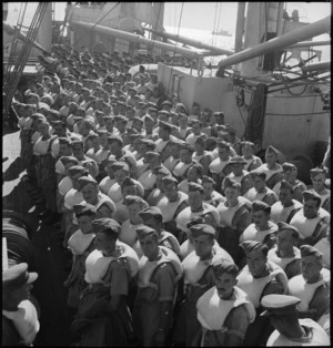 Men of 2 NZ Division at lifeboat stations on transport en route from Alexandria to Italy, World War II