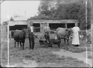 Outdoor portrait of members of an unidentified family standing in front of the chicken coop on an unidentified farm, with the man, the woman holding a cow each by a rope, showing one boy sitting in a cart, with the other boy standing alongside the cart, holding the rope of the goat, probably Christchurch district