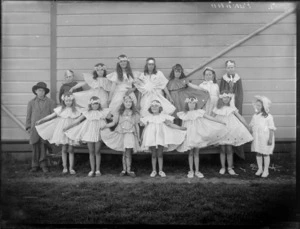 Group of boys and girls in costume, Pukahu School, Hawkes Bay