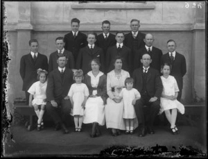 Group photograph of teachers with wives and children at Maori Agricultural College, Hastings