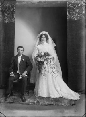 Studio portrait of unidentified bride and groom, probably Christchurch district