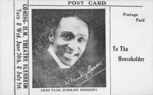 1936 Fisk Jubilee Singers, coming H.M. Theatre, Blenheim, Tues & Wed. June 30th & July 1st. W. Huntley Spencer [portrait]. [1936].