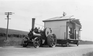 Traction engine transporting a house from Rocky Gully to Timaru