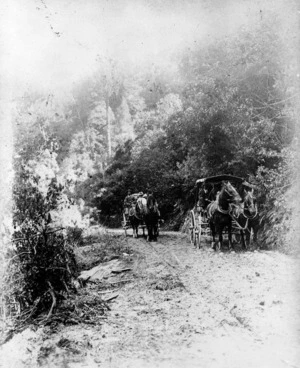 Two horse drawn coaches on a country road