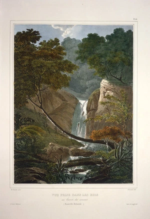 Sainson, Louis Auguste de b 1800 :Vue prise dans les bois au bassin des courans; Nouvelle Zelande / de Sainson pinx.; Villeneuve lith - Paris, Tastu, 1833.
