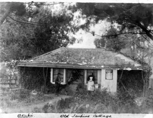 William Jenkins and his wife, alongside their cottage at Rangiuru Road, Otaki