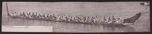 Maori war canoe, dug out of a single log, carrying 100 warriors (No. 6). Taheretikitiki. [Postcard]. Design registered by Harding and Billing, no. 183 12/6/03 [1903]