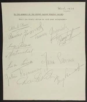 To the members of the Covent Garden Russian Ballet. Would you kindly oblige me with your autographs. March 1939