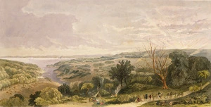 Stack, Frederick Rice :View from the ranges overlooking the entrance to the Manukau Harbour, Auckland. Drawn from nature by F. R. Stack, late Major of Brigade, Auckland. Day & Son, Lith. London, published by Day & Son [1862]