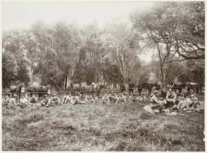 Soldiers at breakfast in the countryside