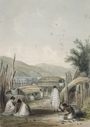 Smith, William Mein 1799-1869 :Courtyard in Pipitea Pa at Wellington. Drawn in 1842 by Captain William Mein Smith, R. A. Day & Haghe. London, Smith, Elder [1845]