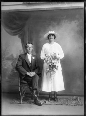Studio portrait of unidentified bride and groom, probably Christchurch