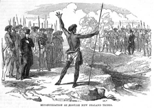 Church Missionary Gleaner :Reconciliation of hostile New Zealand tribes [1851]. [Engraved by] J. Johnston. London, 1884.