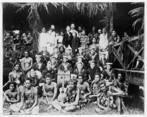 Robert Louis Stevenson, his family and Samoans, and the band of HMS Tauranga at Vailima