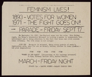 Women's Liberation Movement :Feminism lives! 1893 - votes for women; 1971 - the fight goes on! Parade, Friday Sept 17. Join us! March Friday night. Starts 7 pm Marion Street, parade through town [1971]