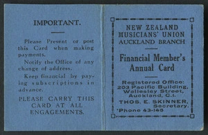 New Zealand Musicians' Union card