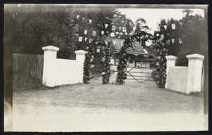 Decorations to celebrate peace on gates to Rose Street Cottage, Waipawa