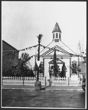 Waipawa Methodist Church decorated for peace celebrations after World War I