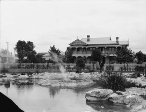 Thermal pool, and the Grande Vue Private Hotel, on the corner of Haupapa and Hiwemaru Streets in Rotorua
