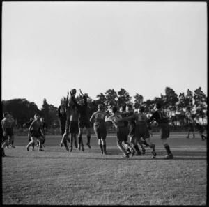 Line-out in the NZ Base versus South African Base rugby match at the Maadi Sporting Club Ground, Egypt, World War II - Photograph taken by George Bull