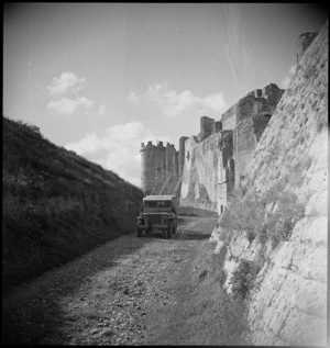Size of moat at fortress of Lucera, Italy, indicated by NZ jeep - Photograph taken by George Kaye