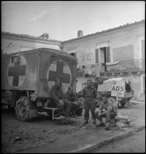 New Zealanders outside first Advanced Dressing Station in action in Italy, World War II - Photograph taken by George Kaye