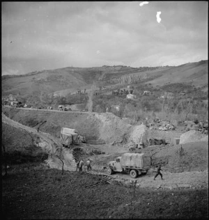 NZ Division transport negotiating a deviation below the town of Atessa, Italy, World War II - Photograph taken by George Kaye