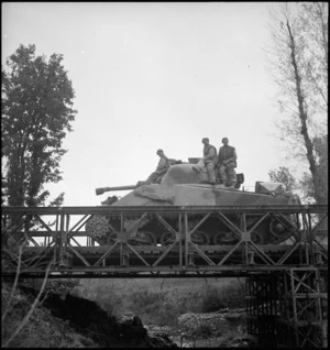 NZ tank crossing Bailey bridge near Italian front, World War II - Photograph taken by George Kaye