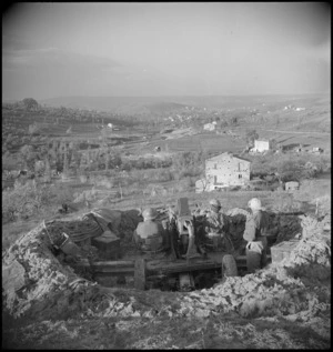 Looking down towards Sangro River with anti aircraft gun crew in the foreground, Italy, World War II - Photograph taken by George Kaye